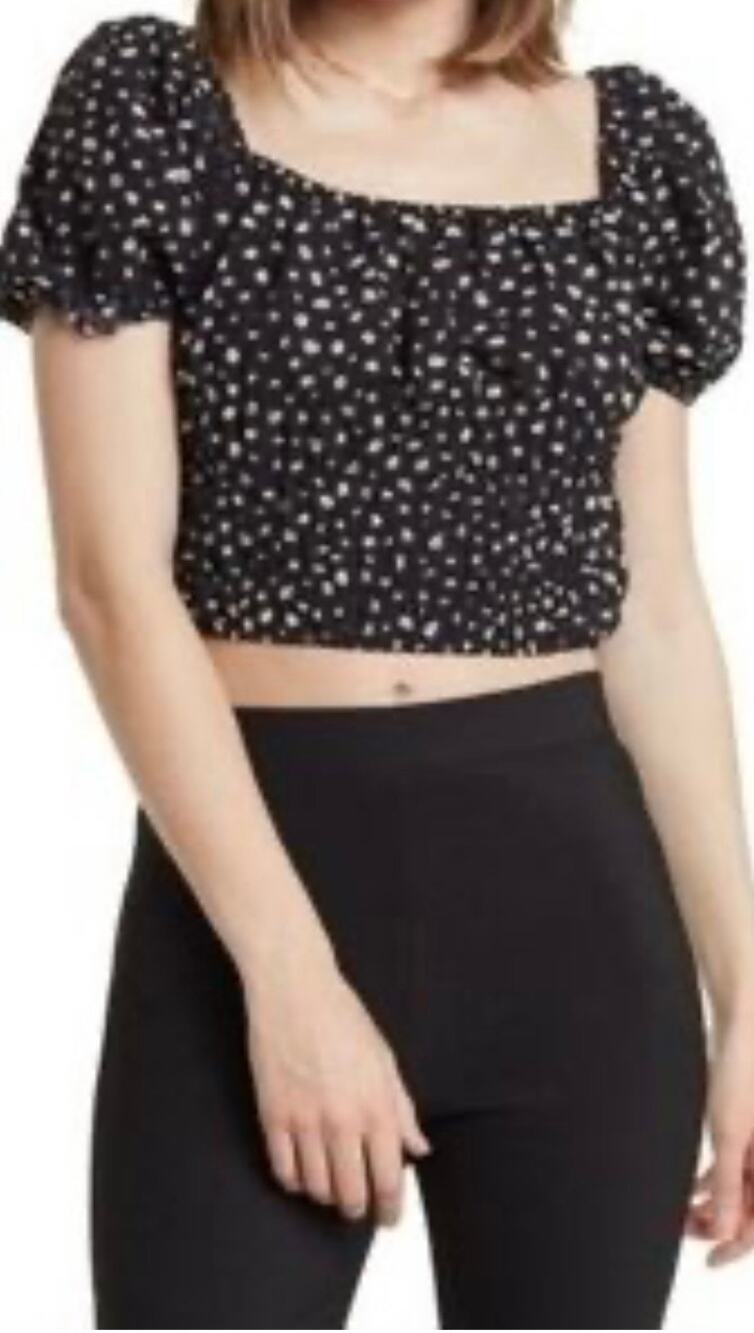 Elodie Crop Top Women Small Black White Floral Puff Sleeve Square Neck Smocked
